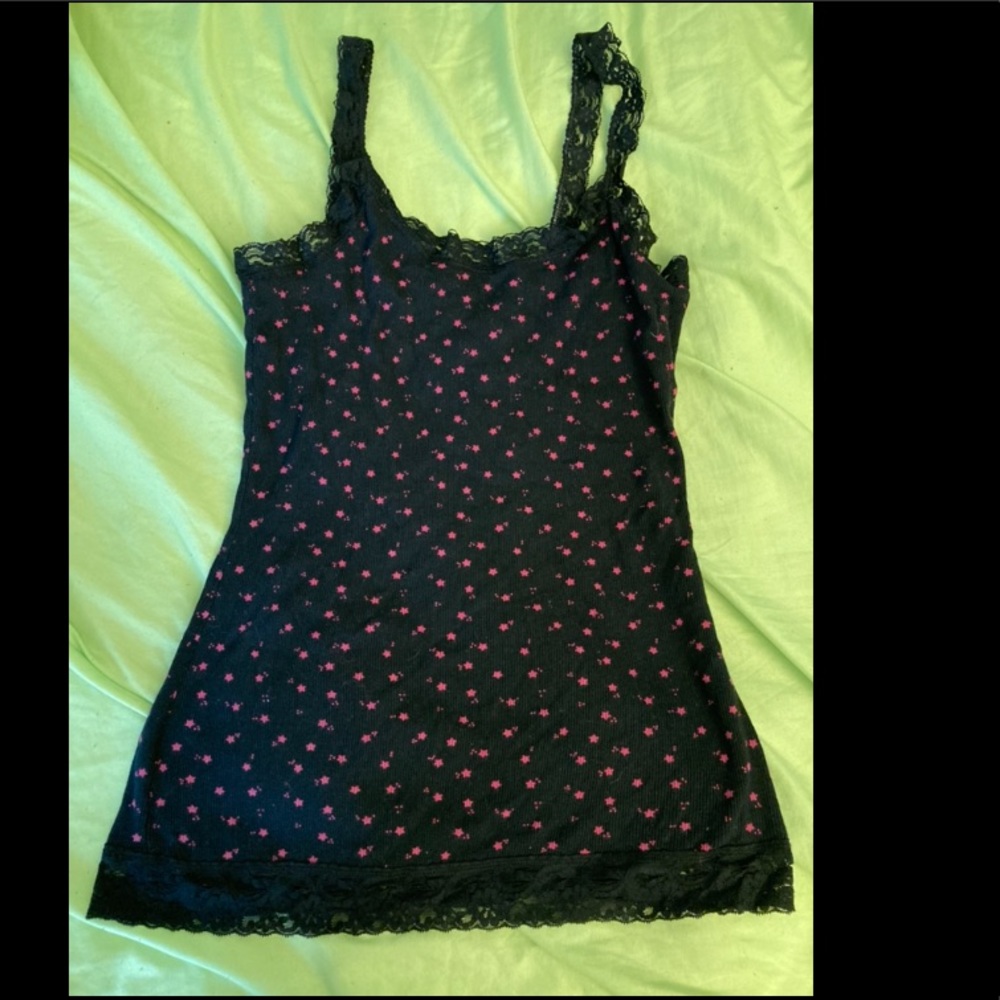 Lilu Black and Pink Star Lace Tank Top
